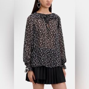 The Kooples Womens Printed Shirt w/ Ruffles Black White Floral Fr Sz 3 US 8 NWT